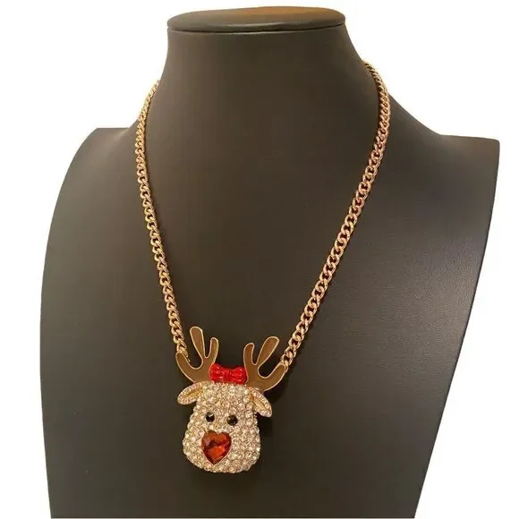 Betsey Johnson Pave Crystal Reindeer Pendant Necklace on Gold Toned Chain.